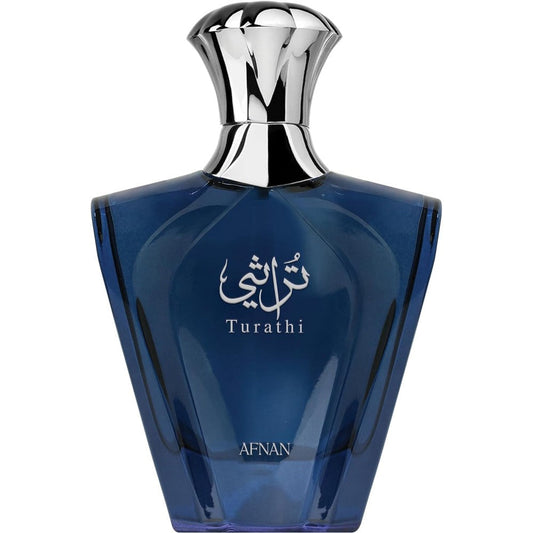 Afnan Turathi Blue Homme Eau de Parfum front view of blue mesh luxury bottle