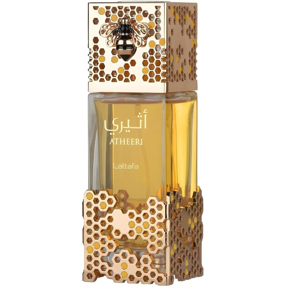 Lattafa Atheeri unisex eau de parfum 100ml bottle front view featuring decorative honeycomb cage design