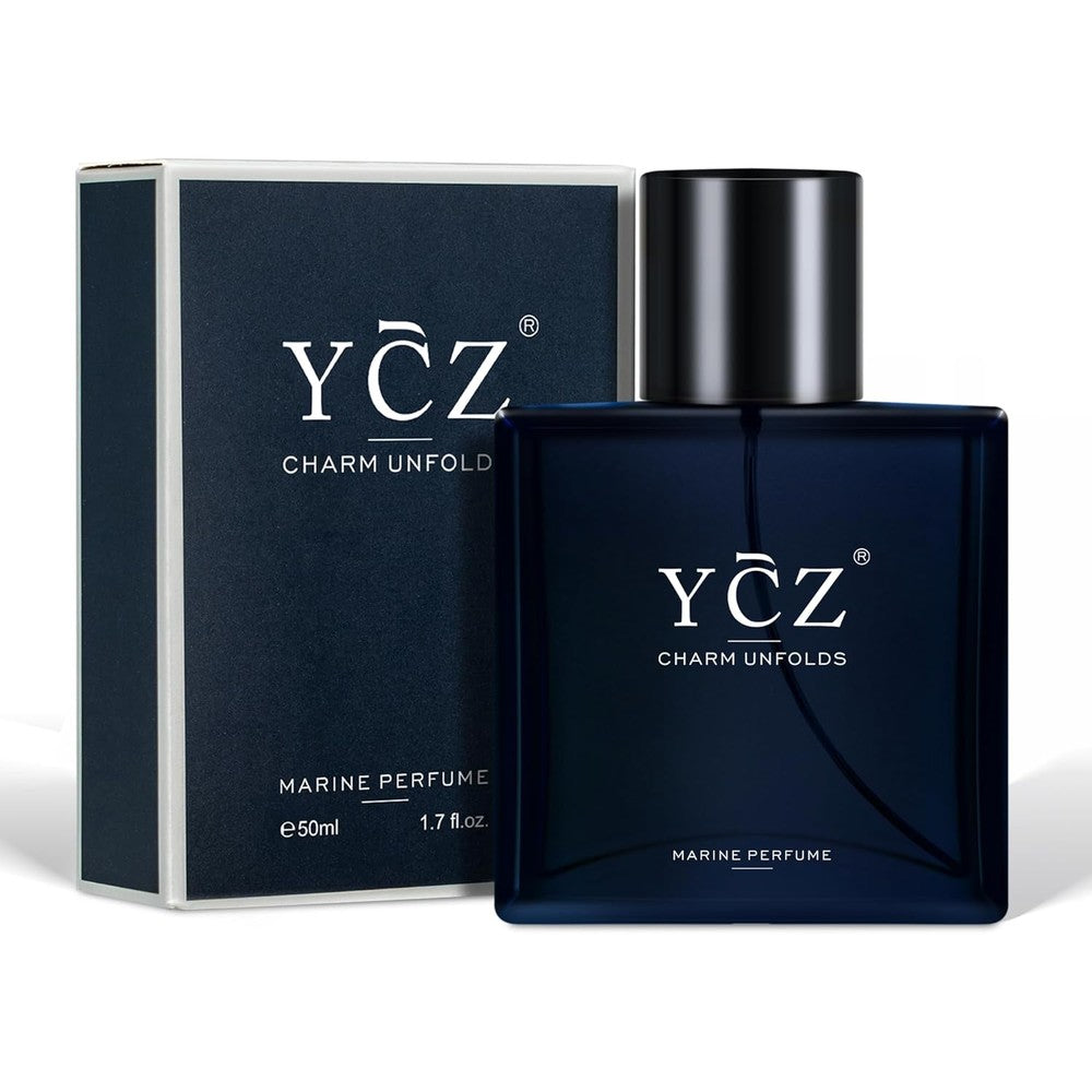 Ycz Charm Unfolds Marine Perfume for Men front view bottle showing premium packaging
