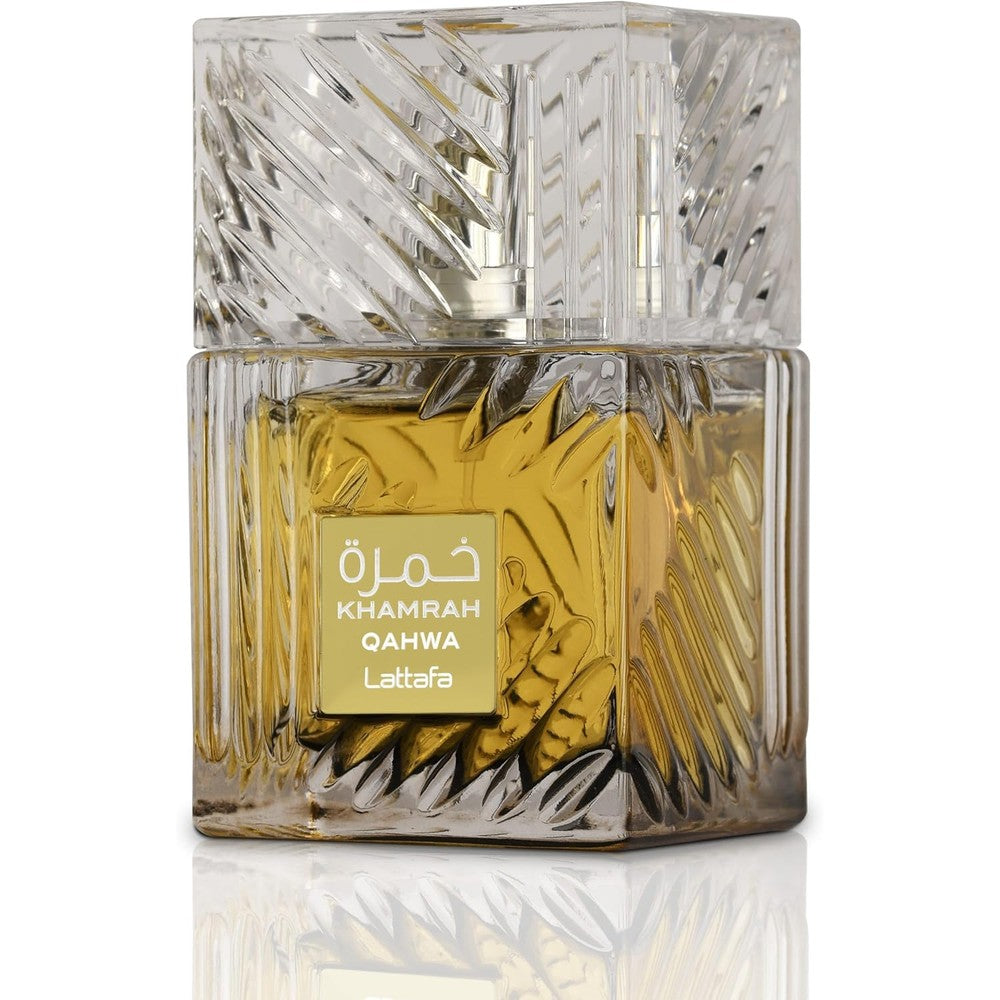 Lattafa Khamrah Qahwa Eau De Parfum 100ml front view bottle showing luxury crystal design and arabic typography.