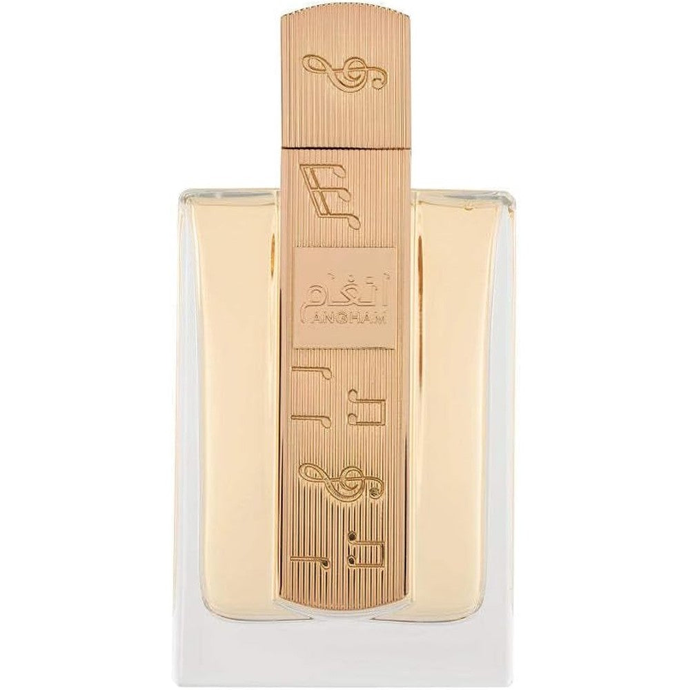 Lattafa Angham Eau De Parfum 100 Millilitres bottle front view showing the distinctive gold musical note design.