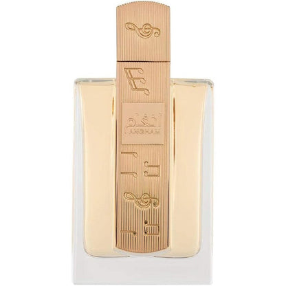 Lattafa Angham Eau De Parfum 100 Millilitres bottle front view showing the distinctive gold musical note design.