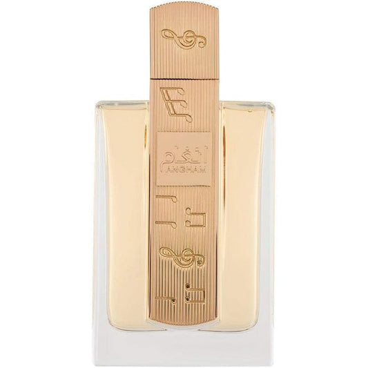 Lattafa Angham Eau De Parfum 100 Millilitres bottle front view showing the distinctive gold musical note design.