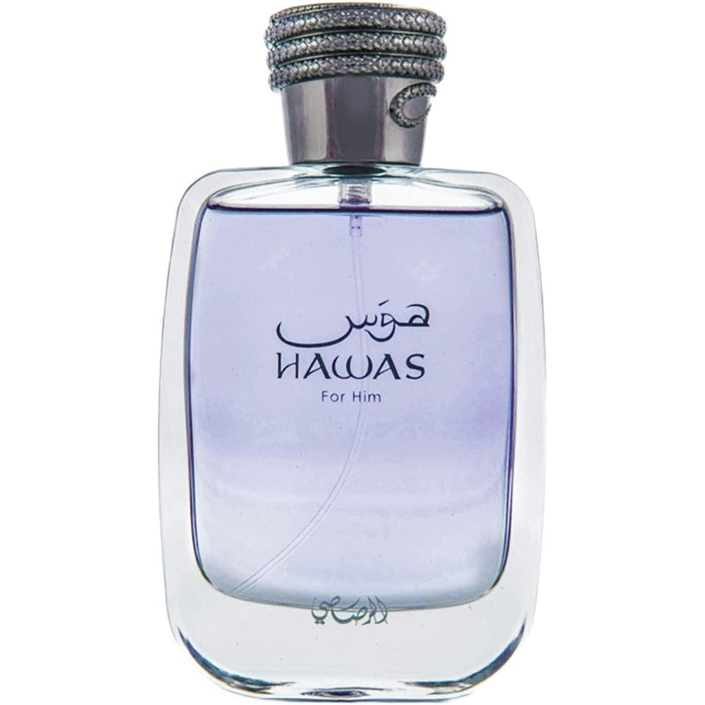 Rasasi Hawas For Men Eau De Parfum 100ml front view bottle showing light blue liquid and silver python patterned cap