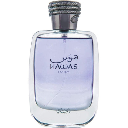 Rasasi Hawas For Men Eau De Parfum 100ml front view bottle showing light blue liquid and silver python patterned cap