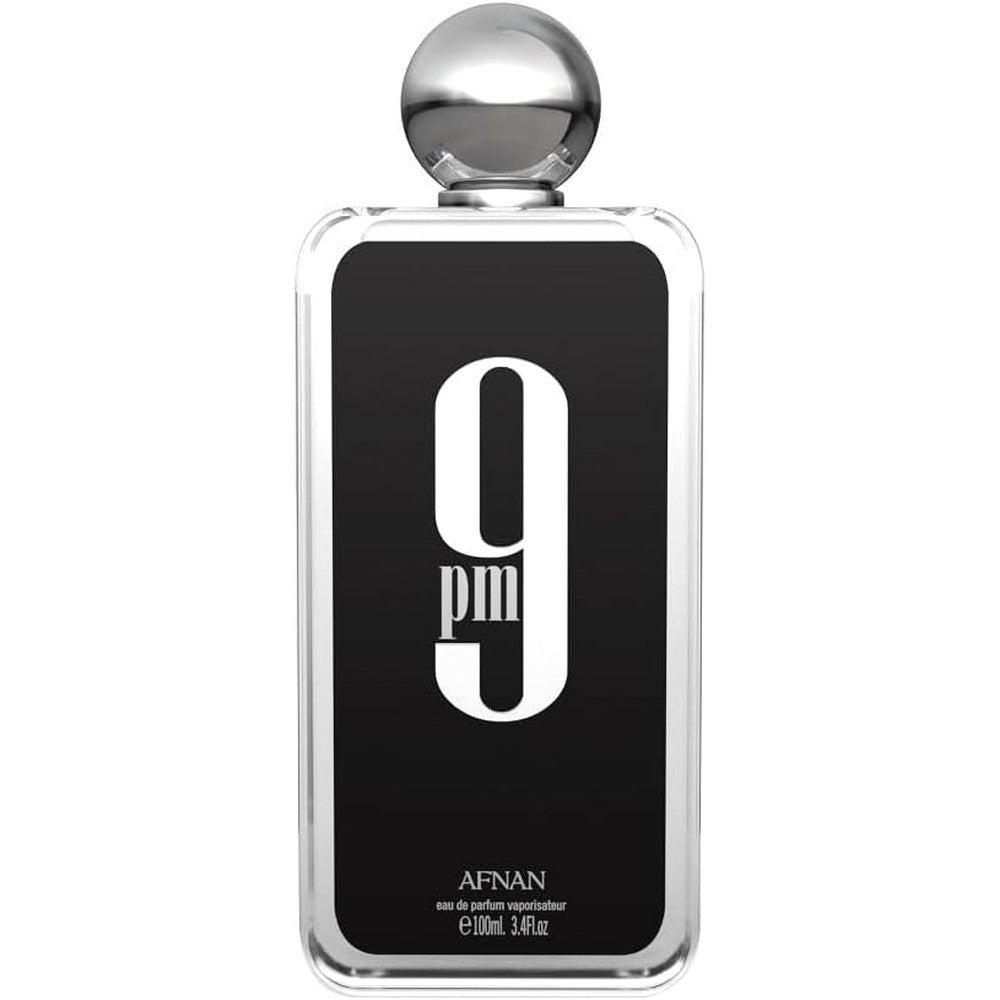 Afnan 9 PM For Men Eau De Parfum 100 Milliliter front view sleek black rectangular bottle.