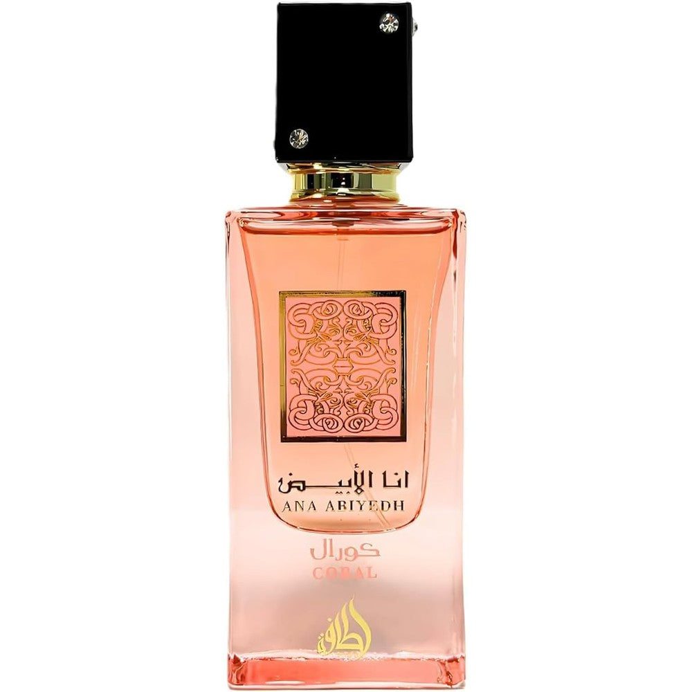 Lattafa Ana Abiyedh Coral Eau De Parfum 60ml bottle front view showing pink liquid and elegant cap design.