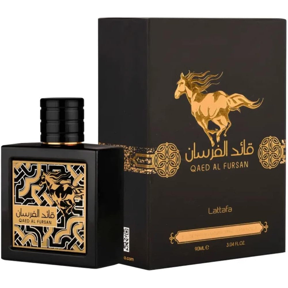 Lattafa Qaed Al Fursan Eau de Parfum 100 ml black bottle with golden horse logo front view
