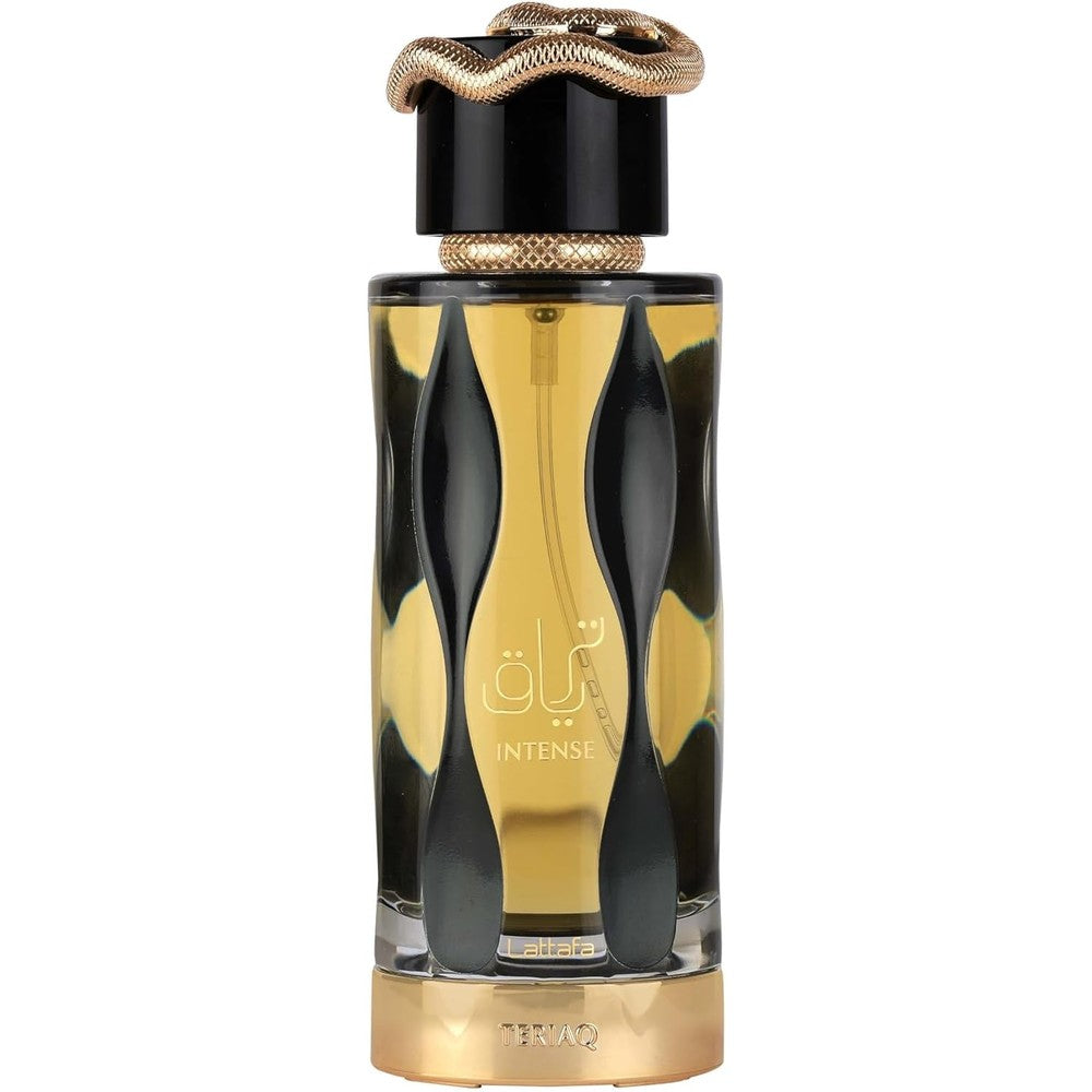 Lattafa Teriaq Intense Unisex Eau De Parfum front view bottle with golden snake cap