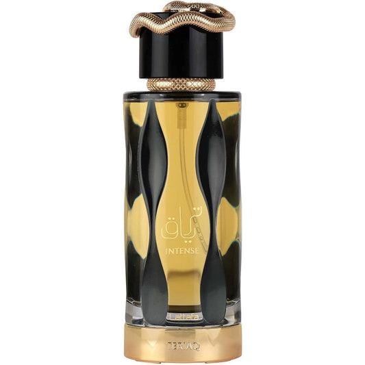 Lattafa Teriaq Intense Unisex Eau De Parfum front view bottle with golden snake cap
