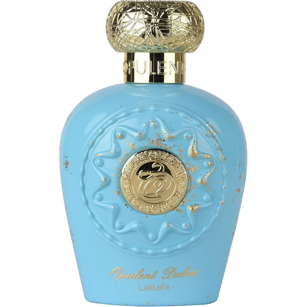 Lattafa Opulent Dubai Eau de Parfum 100 Milliliters front view showing luxury blue bottle with gold accents.