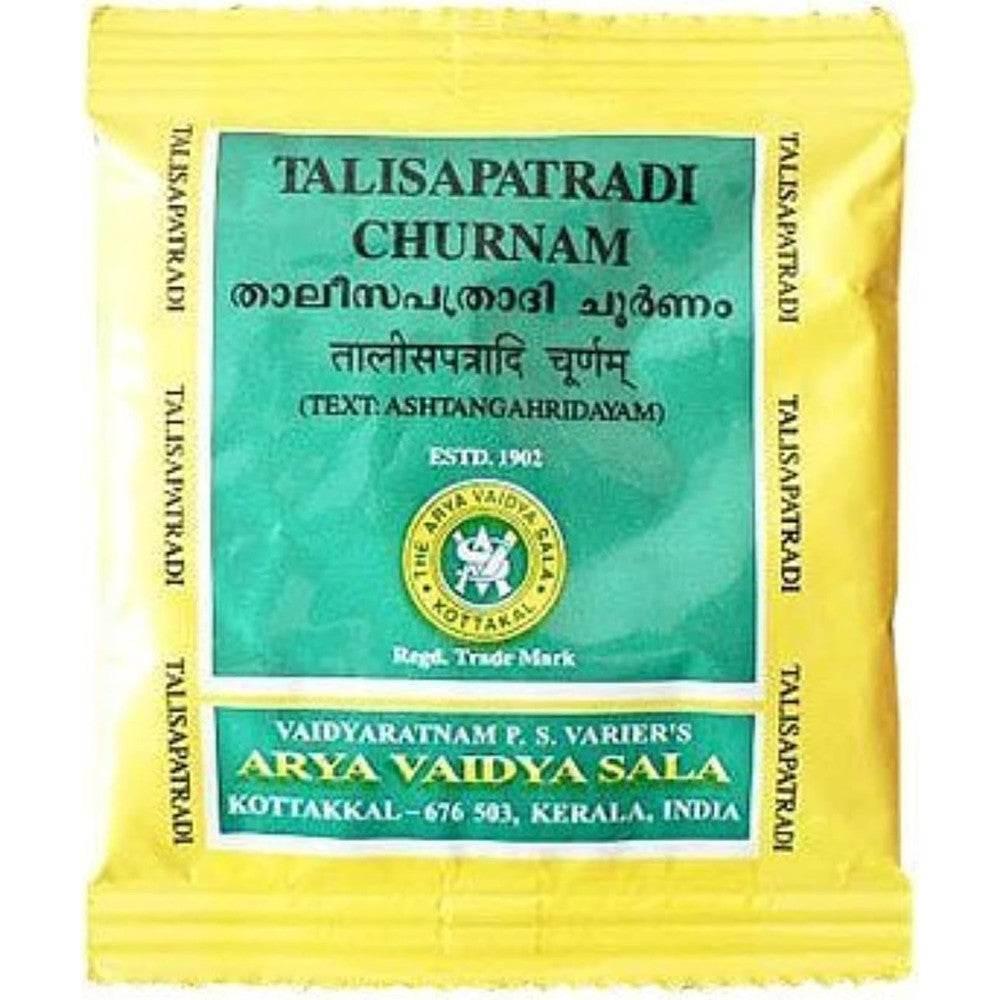 Kottakkal Ayurveda Talisapatradi Churnam 10g sachet front view for respiratory health.
