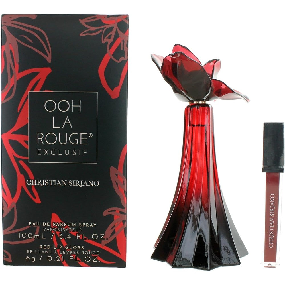 Christian Siriano Ooh La Rouge Exclusif two piece gift set showing the red rose shaped perfume bottle and gloss front view