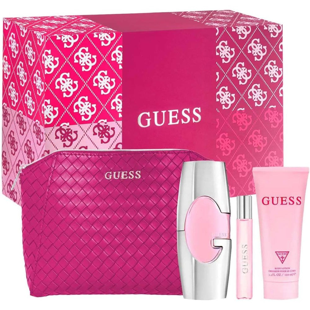 Guess Women Four Piece Gift Set featuring perfume bottles lotion and pink logo cosmetic pouch front view