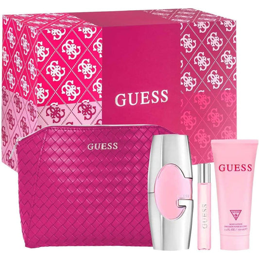 Guess Women Four Piece Gift Set featuring perfume bottles lotion and pink logo cosmetic pouch front view