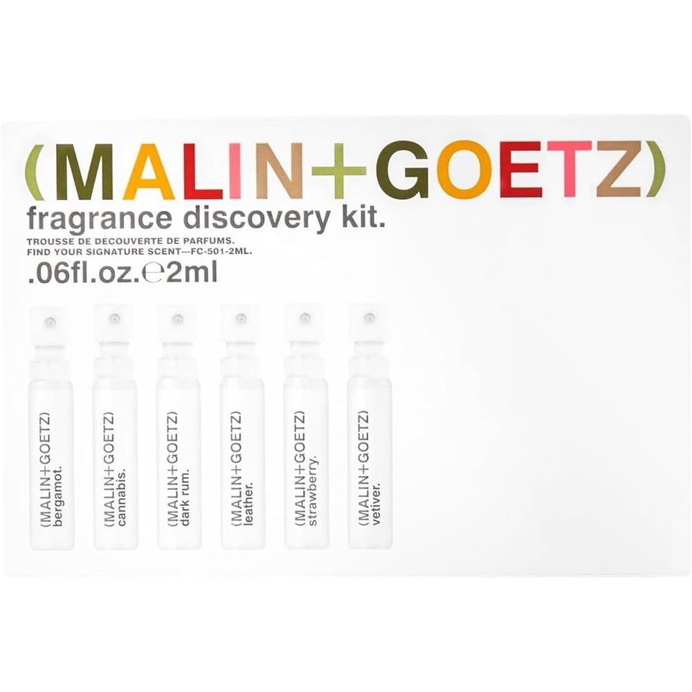 MALIN+GOETZ Eau de Parfum Fragrance Discovery Kit front view showcasing the premium luxury packaging box and six trial vials.