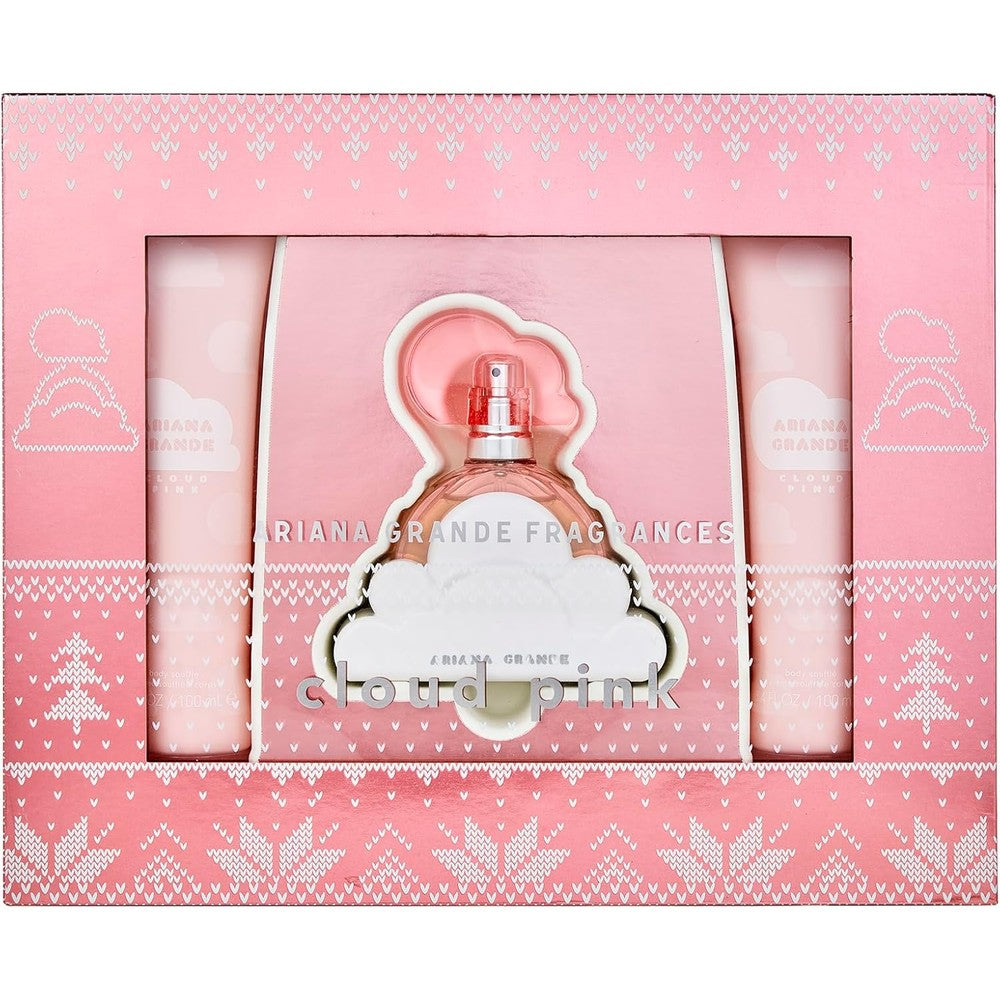 Ariana Grande Cloud Pink Eau de Parfum front view bottle resting on a white puffy cloud base.