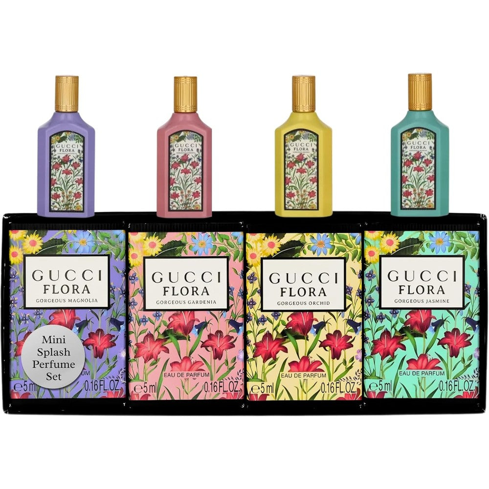 Gucci Flora Perfume Gift Set Travel EDP Splash Collection front view showing the full box packaging and four miniature bottles.