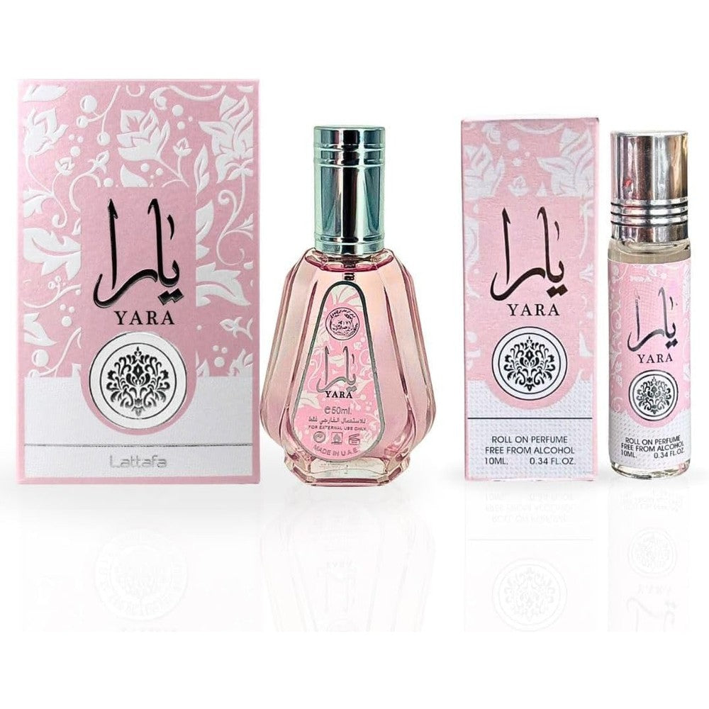 Lattafa Yara floral fragrance gift set for women featuring the light pink fifty-milliliter spray bottle and ten-milliliter roll-on perfume oil front view