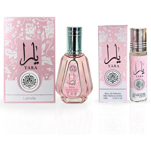 Lattafa Yara floral fragrance gift set for women featuring the light pink fifty-milliliter spray bottle and ten-milliliter roll-on perfume oil front view