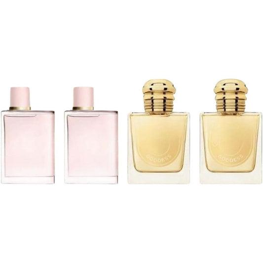Burberry Her and Goddess miniature four piece perfume gift set front view
