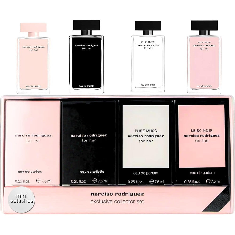 Narciso Rodriguez For Her Mini Perfume Gift Set front view showing four miniature splash bottles in premium packaging.