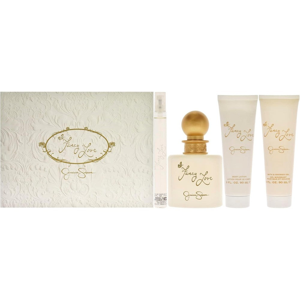 Jessica Simpson Fancy Love Women 4 Piece Gift Set front view showing gold embossed presentation box with perfume bottle, travel spray, lotion, and shower gel.