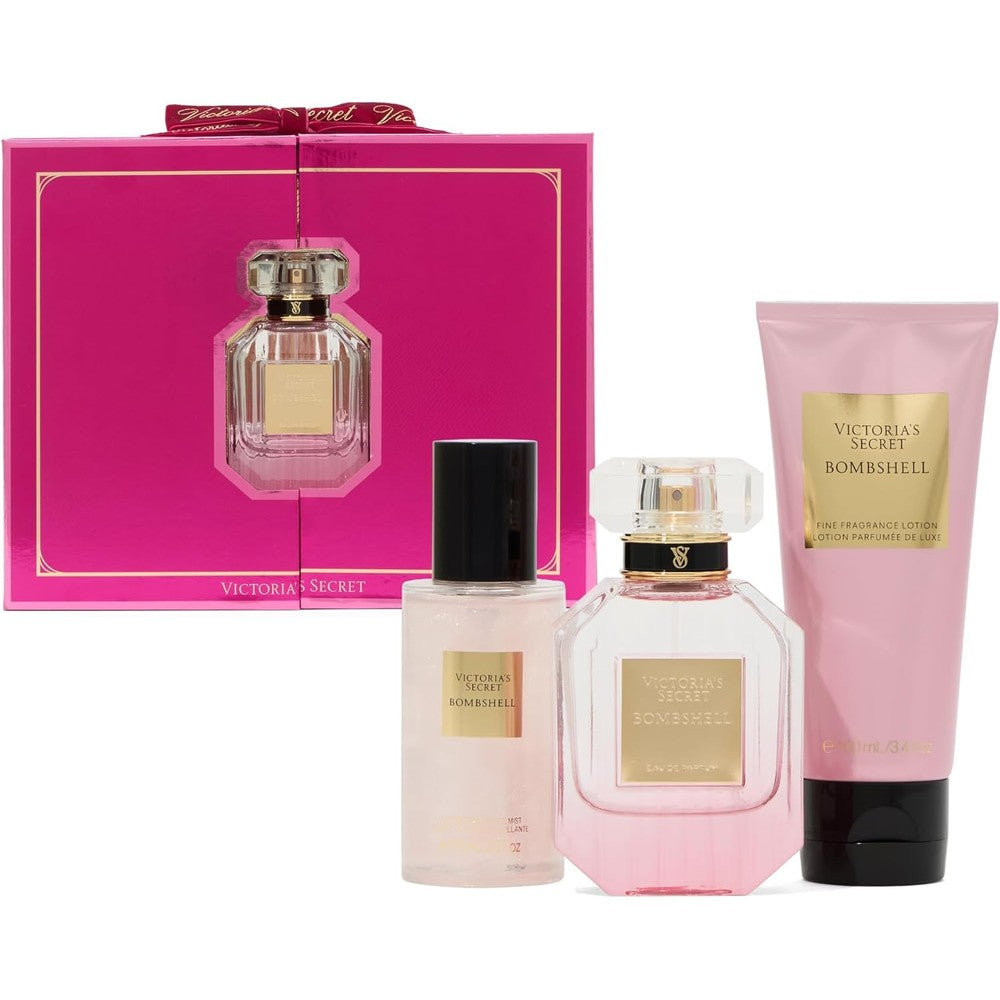 Victoria's Secret Bombshell three piece luxe fragrance gift set front view showing signature pink box