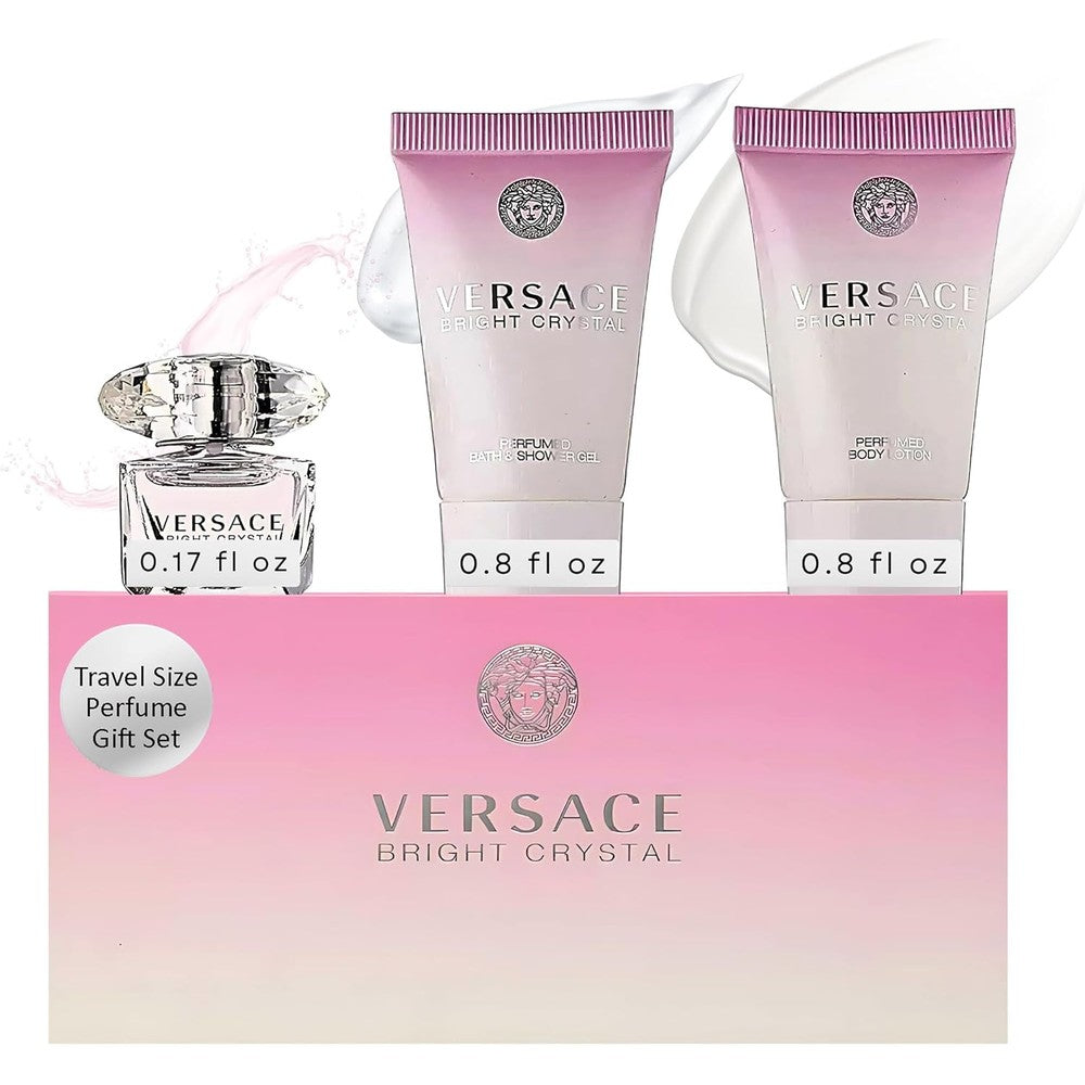 Versace Bright Crystal 3 Piece Miniature Gift Set front view showcasing perfume splash, shower gel, and body lotion packaging.