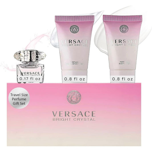 Versace Bright Crystal 3 Piece Miniature Gift Set front view showcasing perfume splash, shower gel, and body lotion packaging.