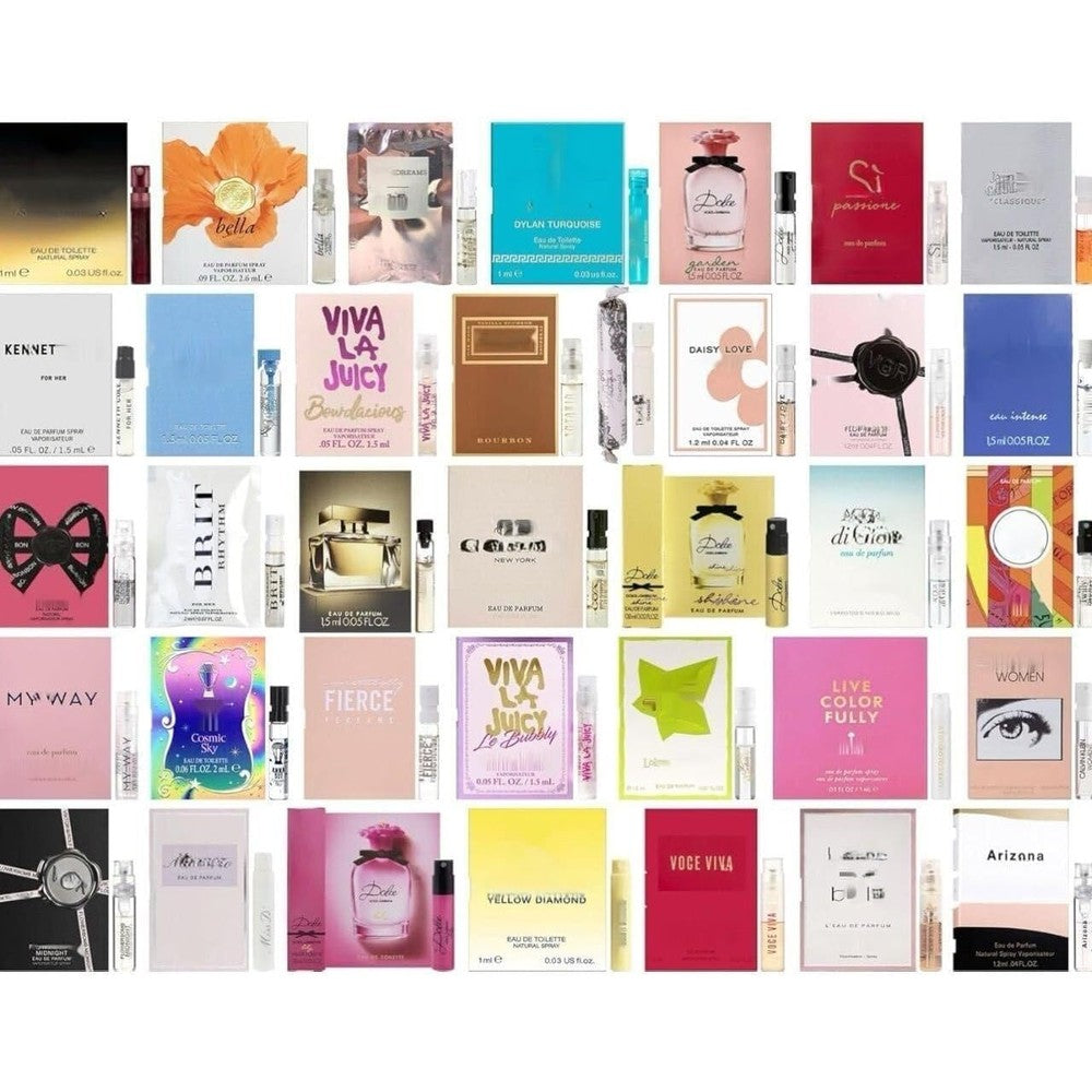GHBB Women's Designer Perfume Sampler Lot Discovery Set front view showcasing an assortment of authentic luxury fragrance mini vials.