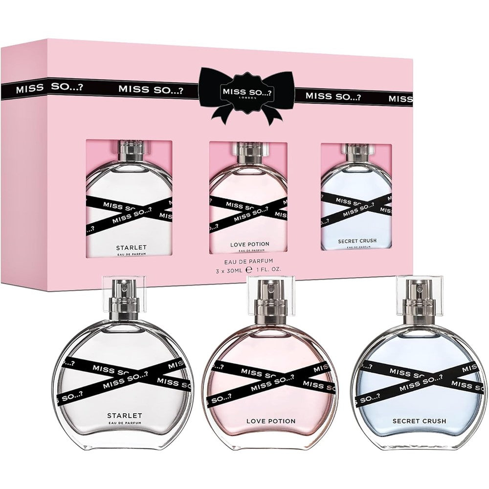 So...? Miss So Eau De Parfum Gift Set front view showing three premium bottles for women