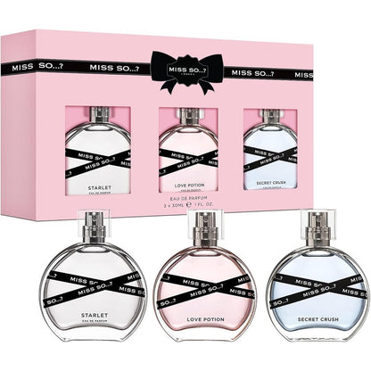So...? Miss So Eau De Parfum Gift Set front view showing three premium bottles for women