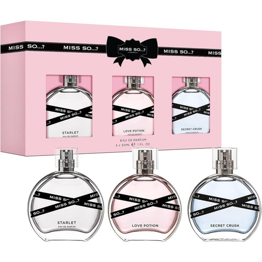 So...? Miss So Eau De Parfum Gift Set front view showing three premium bottles for women