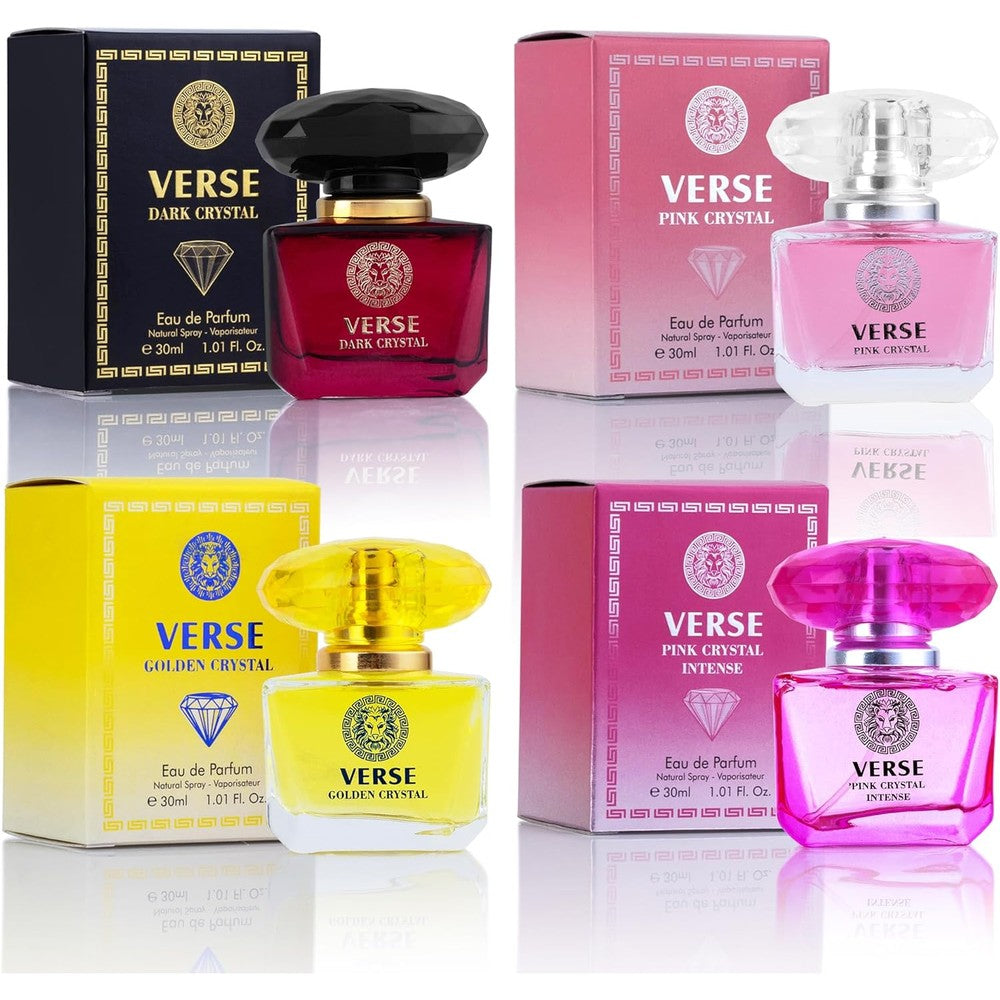 NovoGlow Verse 4 Piece Mini Fragrance Set for Women front view showcasing four colored glass perfume bottles with ornate caps