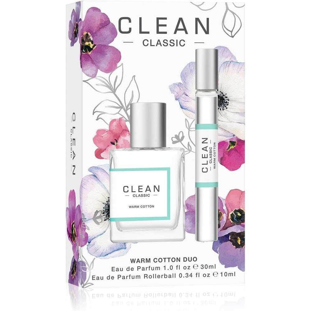 Clean Classic Perfume Duo front view packaging featuring full size spray and travel rollerball on clean backdrop