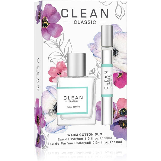 Clean Classic Perfume Duo front view packaging featuring full size spray and travel rollerball on clean backdrop