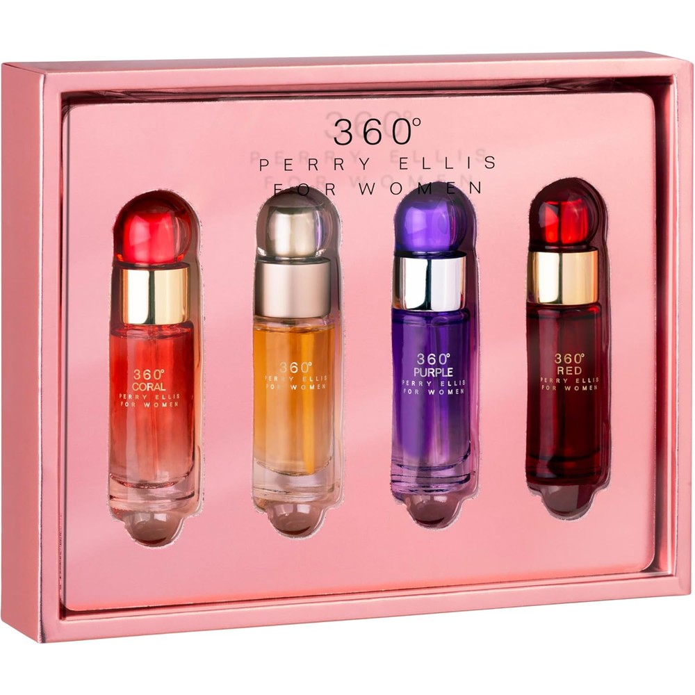 Perry Ellis 360 Degree Women Mini Fragrance Gift Set front view showcasing the four travel spray bottles inside the open signature pink packaging.