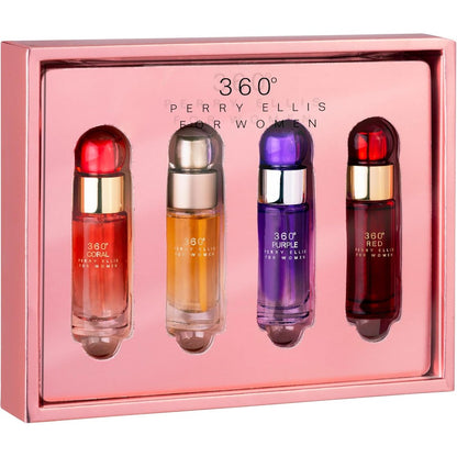 Perry Ellis 360 Degree Women Mini Fragrance Gift Set front view showcasing the four travel spray bottles inside the open signature pink packaging.