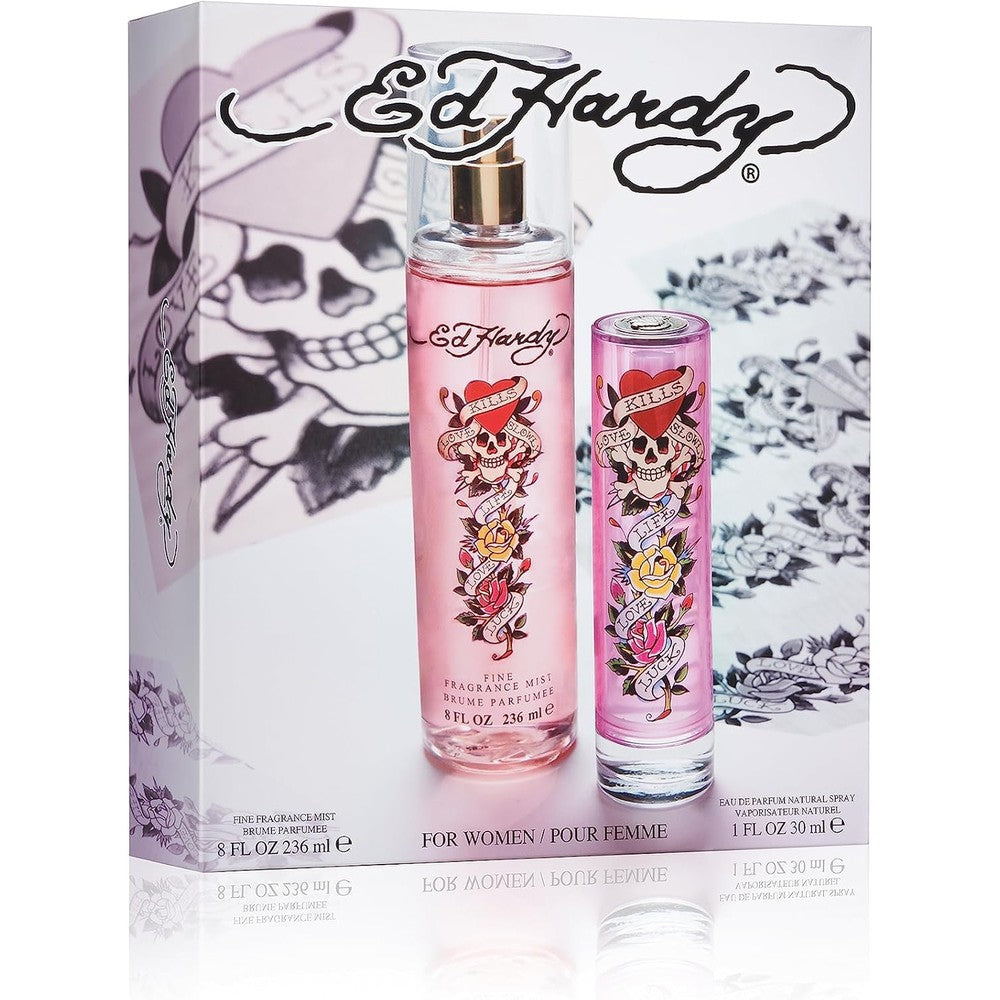 Ed Hardy Women's Perfume Fragrance Gift Set front view displaying the complete two piece collection