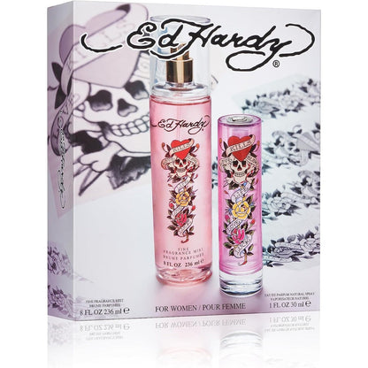 Ed Hardy Women's Perfume Fragrance Gift Set front view displaying the complete two piece collection