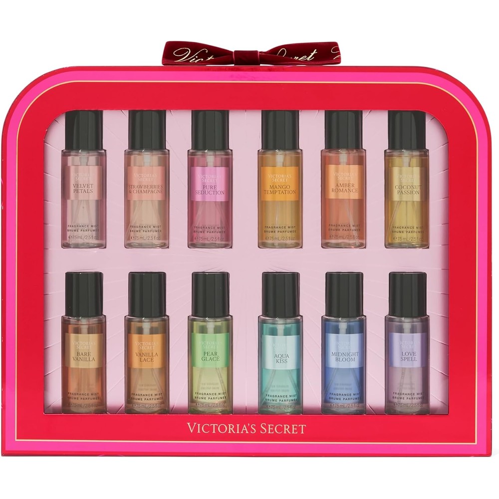 Victoria's Secret Mist Collection 12 Piece Travel Mist Gift Set front view showcasing the fully displayed packaging and assorted individual colorful spray bottles.