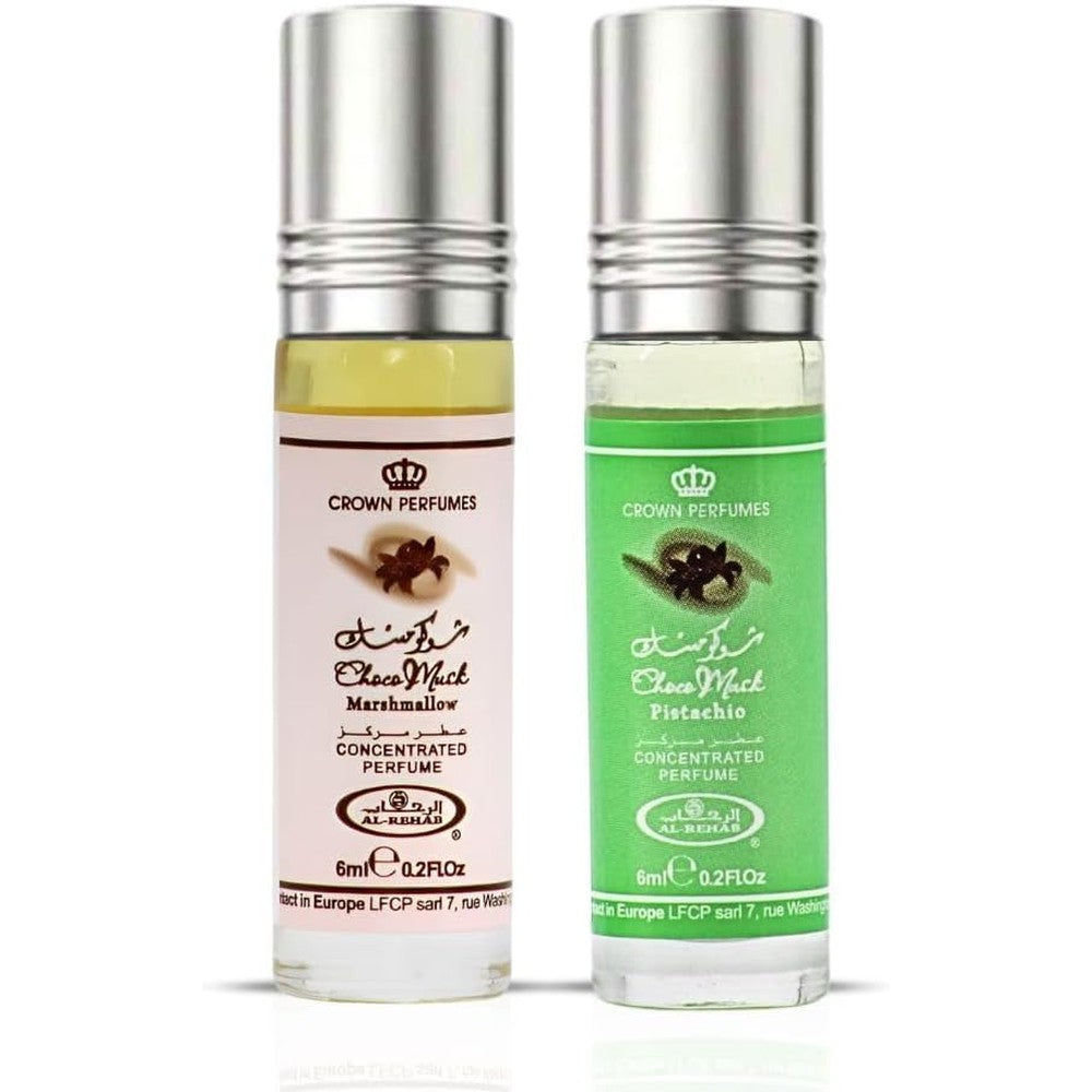 Al-Rehab Choco Musk Marshmallow and Pistachio perfume oil bundle front view showing two roll-on bottles.