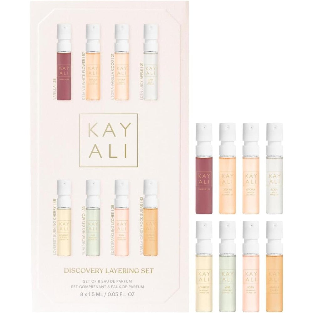 Kayali Beauty Discovery Perfume Layering Gift Set front view displaying eight luxury fragrance vials.