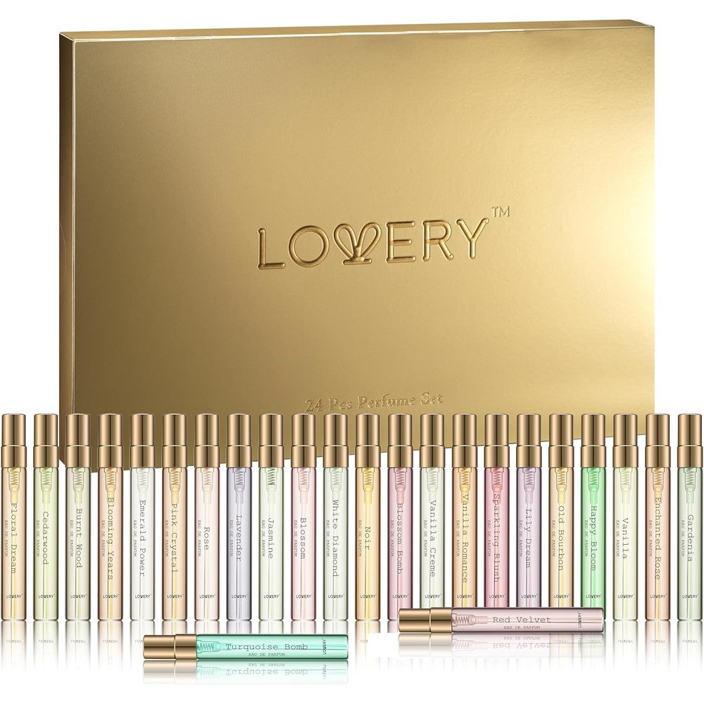 Lovery 24 piece beauty perfume gift set front view showing glamorous gold box with advent doors opened