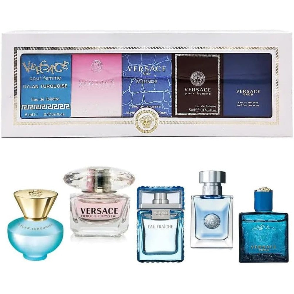 Versace perfume collection five piece mini set front view showcasing individual luxury bottles