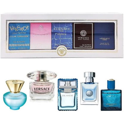 Versace perfume collection five piece mini set front view showcasing individual luxury bottles