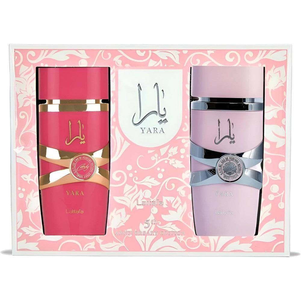 Lattafa Anniversary Edition Fragrance Gift Set front view showcasing Yara and Yara Candy bottles