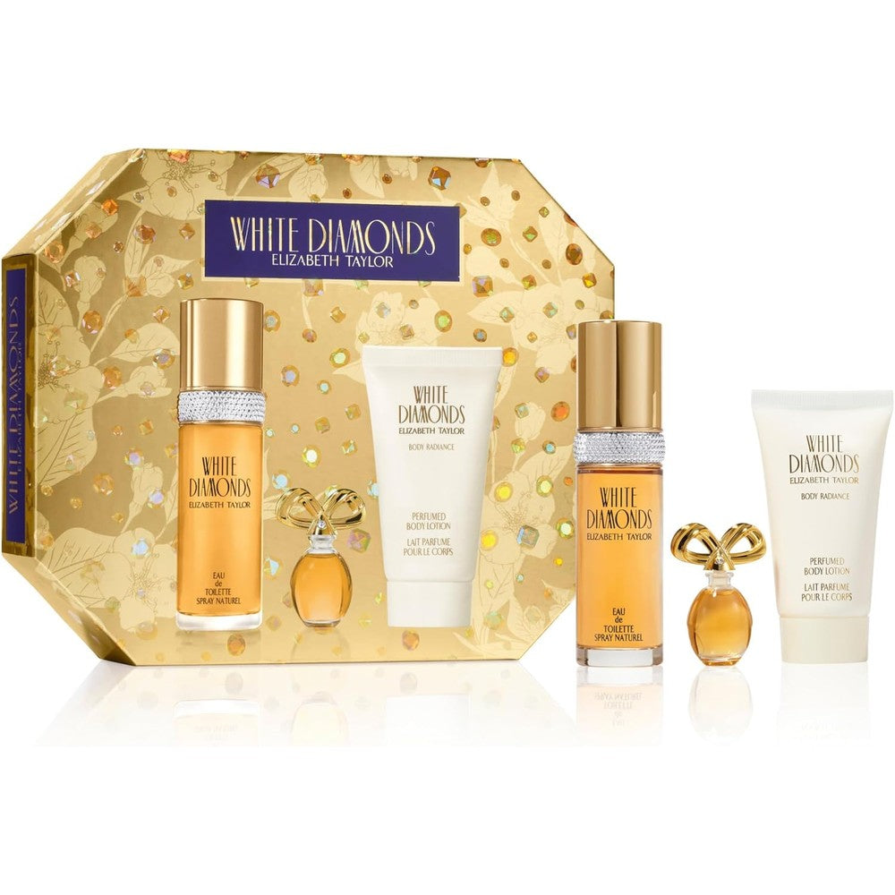Elizabeth Taylor White Diamonds women's perfume three piece gift set front view featuring gold accented packaging