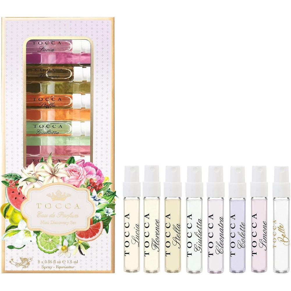 Tocca Womens Perfume Mini Discovery Sampler Set of Eight front view packaging showcasing luxury travel sprays